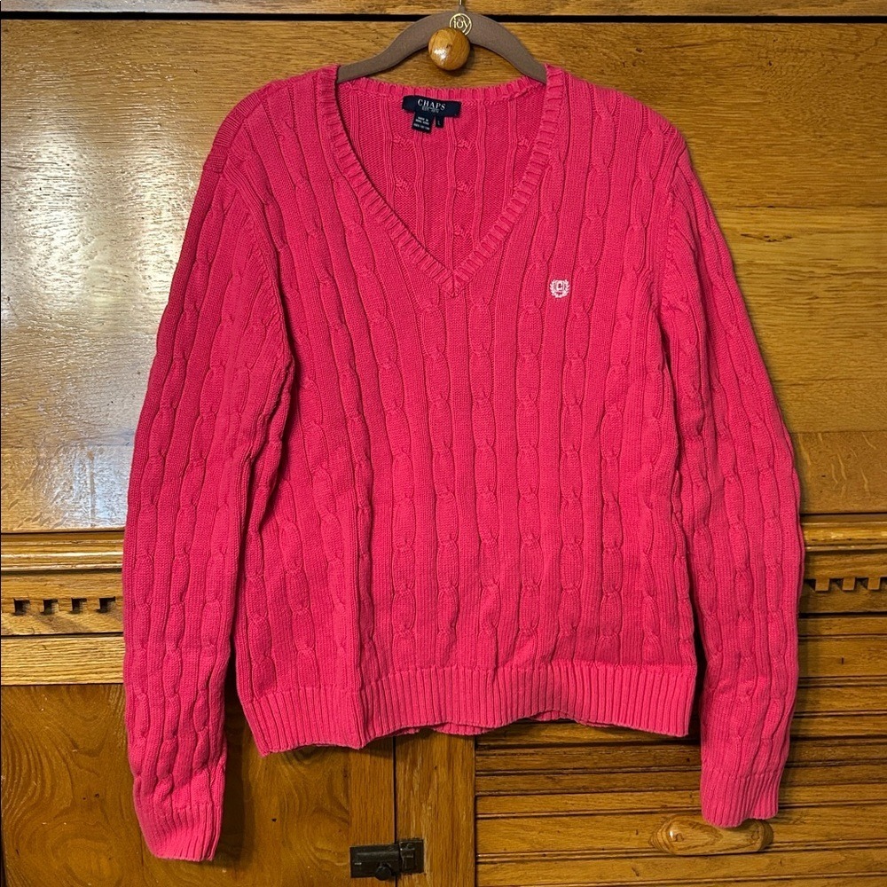 Chaps‎ Y2K Preppy Pink 100% Cotton Cable Knit V-Neck Sweater Logo Old Money Chic